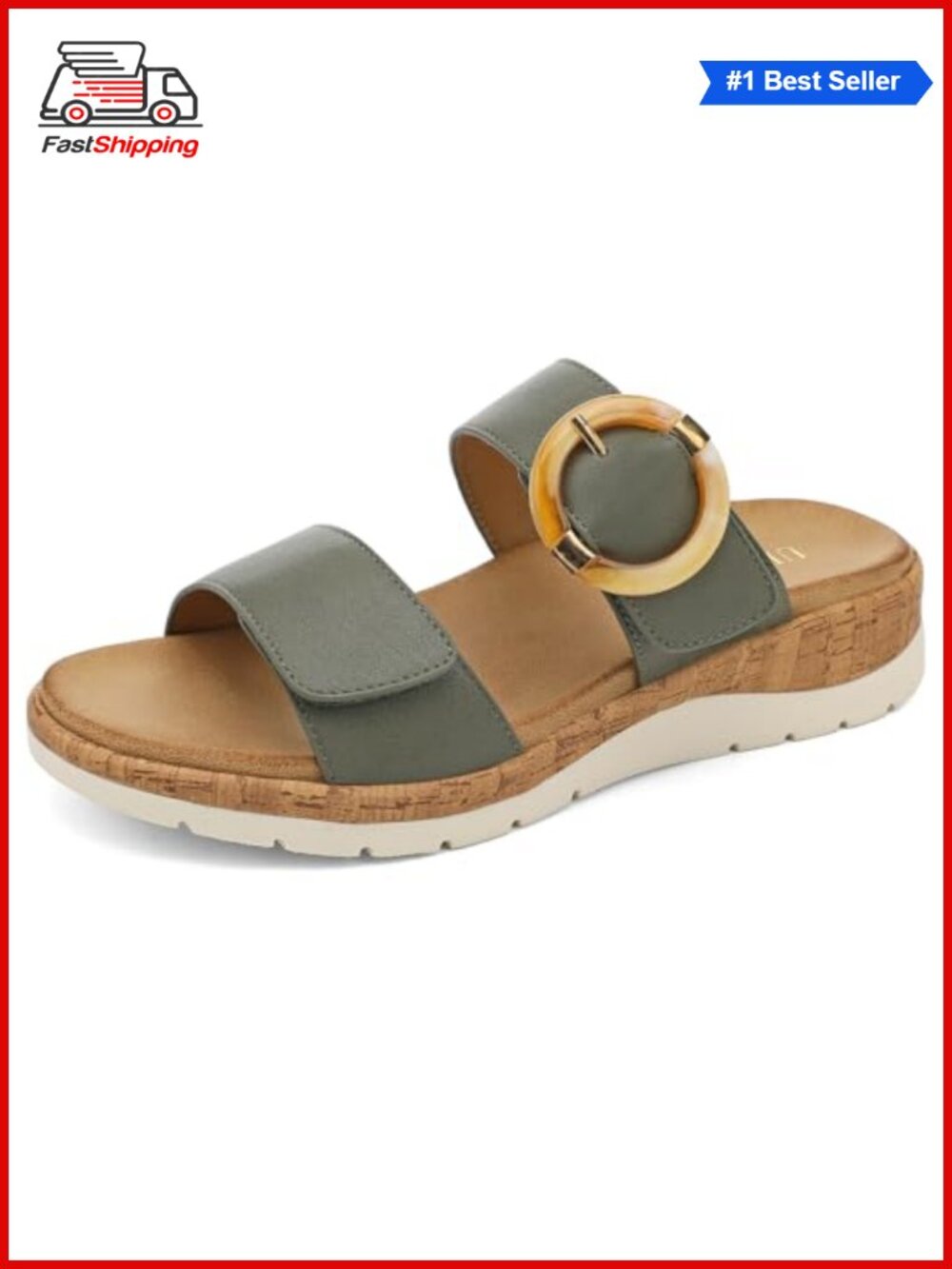 Womens Low Wedge Slide Sandals Adjustable Hook and Loop Arch Support